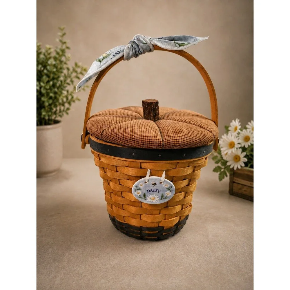 Longaberger 1999 Daisy Basket Handwoven with Fabric Pumpkin Lid & Handle Decor